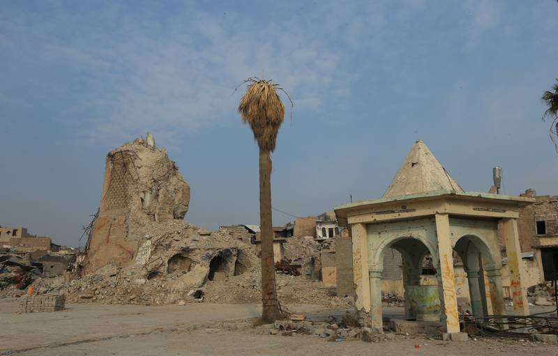 The destroyed al-Hadba minaret at the Grand al-Nuri Mosque is seen in the Old City of Mosul, Iraq January 17, 2018. Picture taken January 17, 2018.   To match Special Report IRAQ-MOSUL/OFFICIAL   REUTERS/Ari Jalal