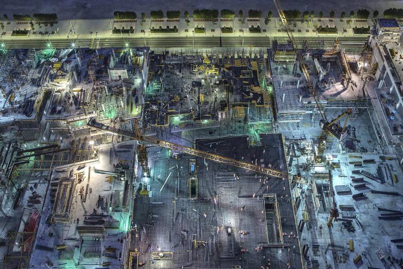 Above, an aerial view of the Al Maryah Central mall construction site in Abu Dhabi. Courtesy Gulf Related