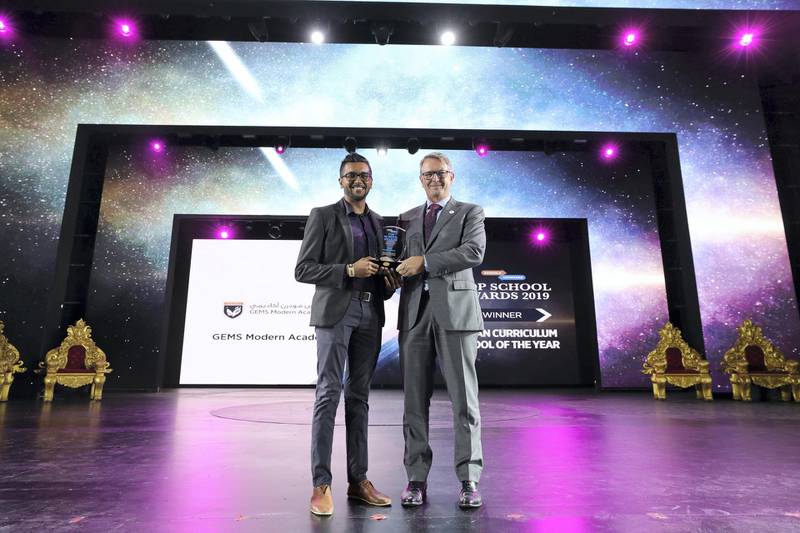 Dubai, United Arab Emirates - March 07, 2019: GEMS Modern academy wins Indian curriculum school of the year at the Top School Awards 2019 at the Rajmahal Theatre, Dubai. Thursday the 7th of March 2019 at Bollywood Parks, Dubai. Chris Whiteoak / The National