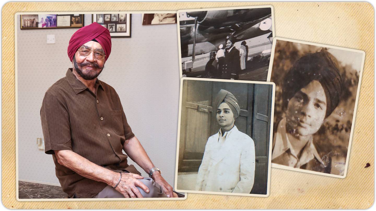 Narindra Singh Pujji in his Dubai home and some photographs as a young student in Lahore before the partition 75 years ago. Victor Besa / The National