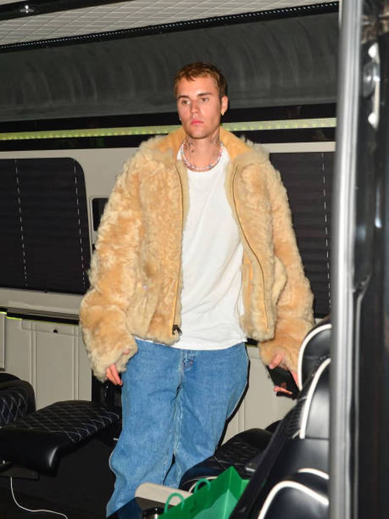 Justin Bieber, in a furry coat, is seen on August 17, 2021, in Los Angeles, California. GC Images