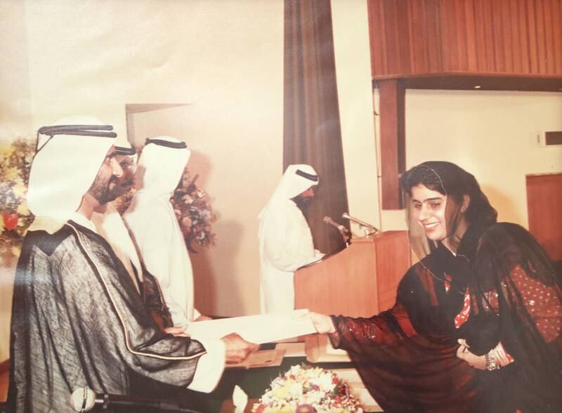 Dr Ghubash receives the Rashid Award from Sheikh Mohammed bin Rashid, now Vice President and Ruler of Dubai, in 1989.