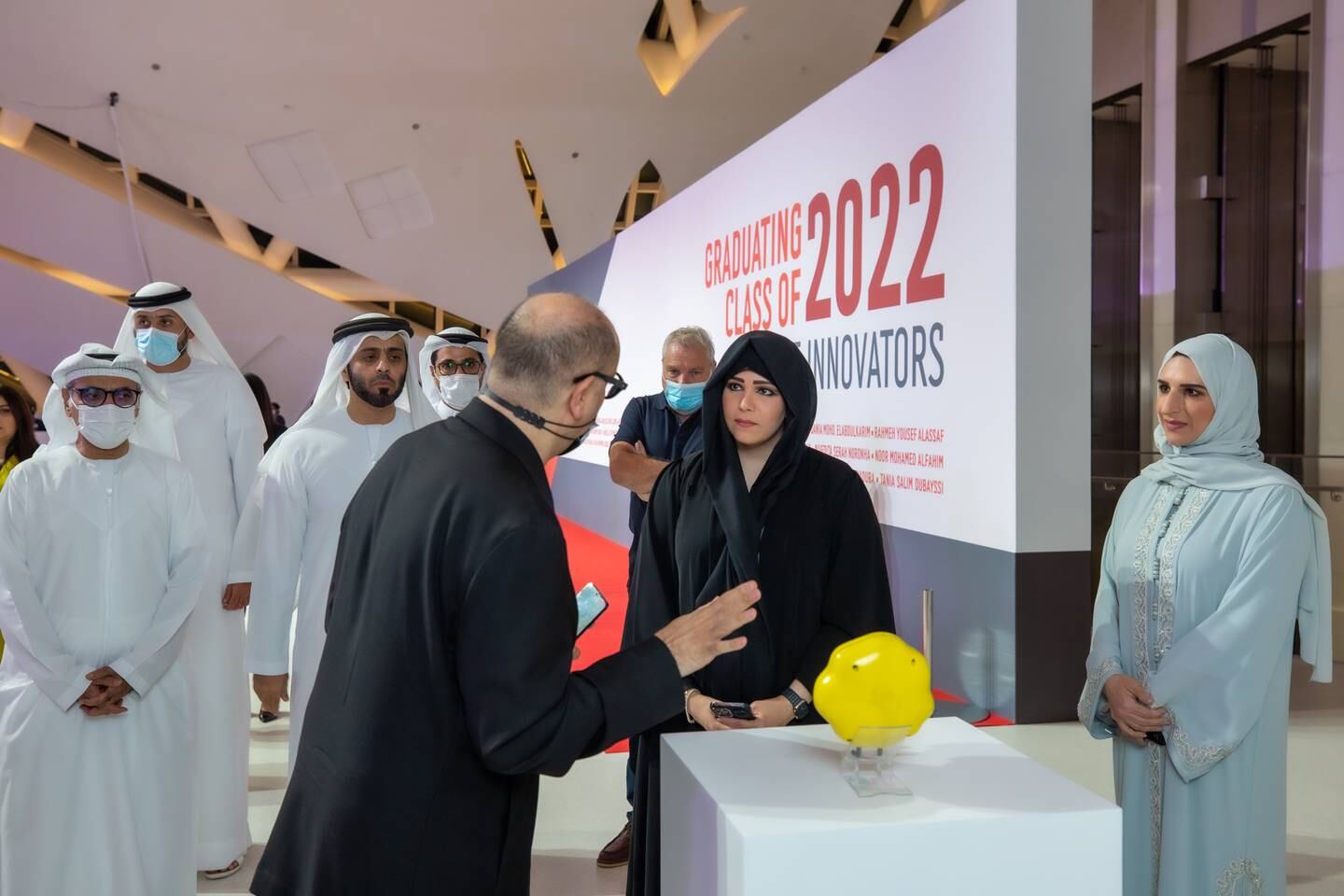 Sheikha Latifa bint Mohammed, Chairperson of Dubai Culture and Arts Authority and member of the Dubai Council, views MiFloof, a project created by a DIDI student. Photo: Dubai Media Office