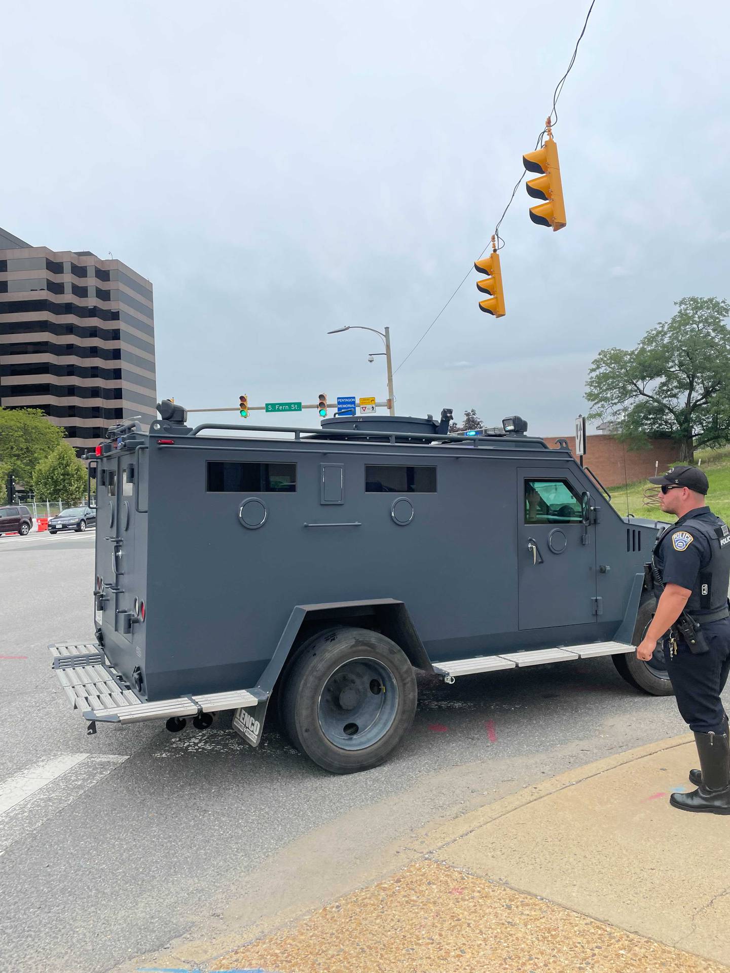 An armoured vehicle responds outside the Pentagon on August 3, 2021 after multiple gunshots were fired near an entrance to the building. Bryant Harris /The National