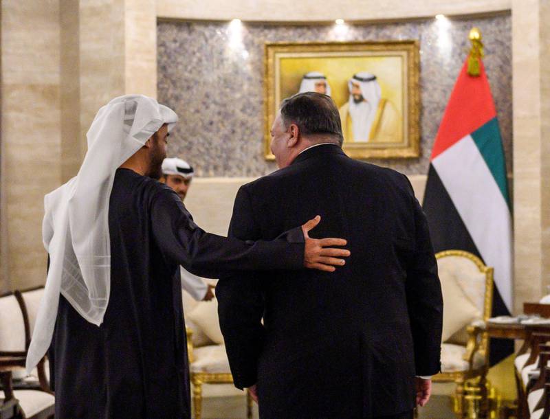 Sheikh Mohammed bin Zayed and Mike Pompeo during a meeting at Al Shati Palace. Andrew Caballero-Reynolds / Reuters