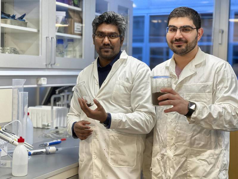 Dr Gopalakrishnan Kumar and Georgeio Semaan with coffee grounds. Courtesy University of Stavenger. NOTE: For Daniel Bardsley's article about using waste coffee grounds to produce biodiesel