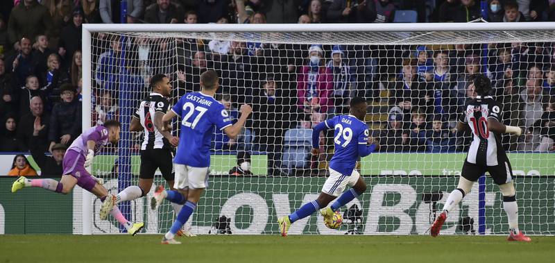 Patson Daka scores Leicester's second goal against Newcastle United. AP