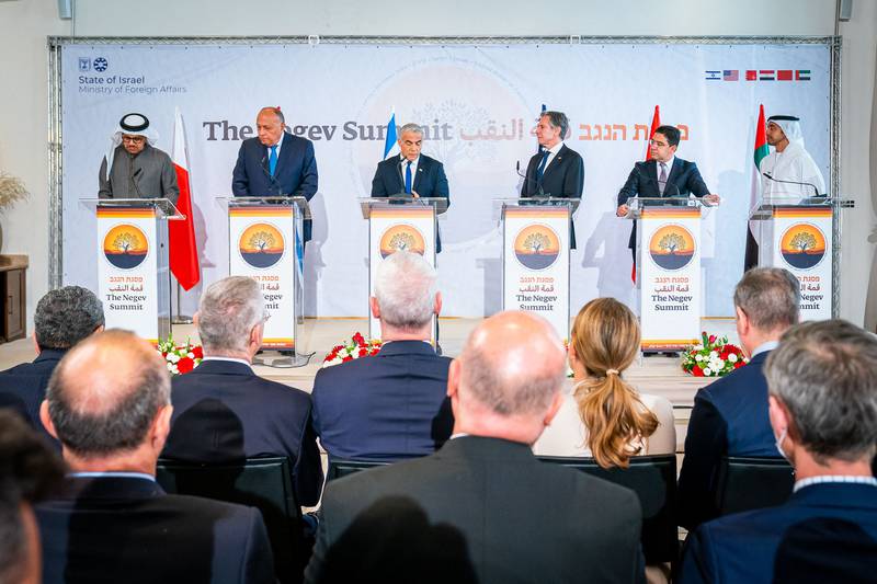(L to R) Bahrain's Foreign Minister Abdullatif bin Rashid al-Zayani, Egypt's Foreign Minister Sameh Shoukry, Israeli Foreign Minister Yair Lapid, US Secretary of State Antony Blinken, Morocco's Foreign Minister Nasser Bourita, and Emirati Minister of Foreign Affairs and International Cooperation Abdullah bin Zayed Al Nahyan during the Negev summit in the Israeli kibbutz of Sde Boker. WAM
