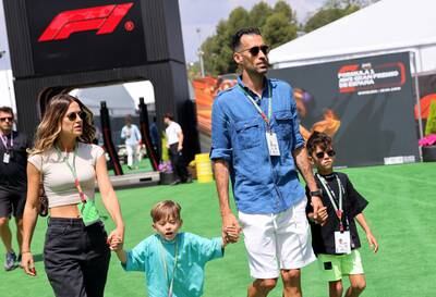 Sergio Busquets with his wife Elena Galera and children arrive before the Spanish F1 Grand Prix at Circuit de Barcelona on June 4, 2023. Reuters