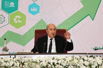 Algerian President Abdelmadjid Tebboune at a meeting with local governors in Algiers. About $36 billion in government funds were recovered from a family home, he has said. All photos: Algerian Presidency