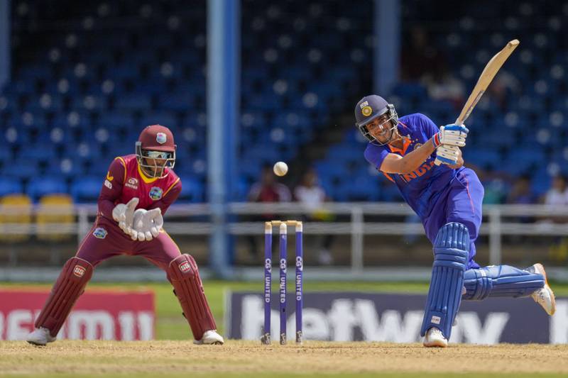 Shubman Gill  plays a shot during the third ODI match between India and West Indies at Queen's Park Oval. AP