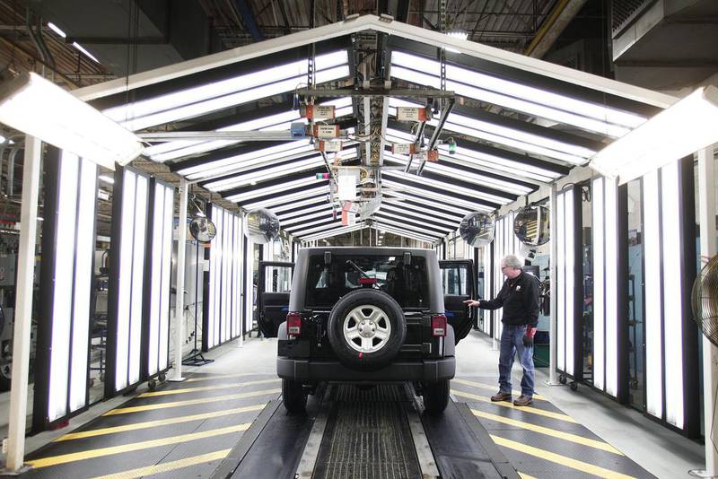 A 2014 Jeep Wrangler undergoes quality inspection during assembly. Bill Pugliano / Getty Images / AFP