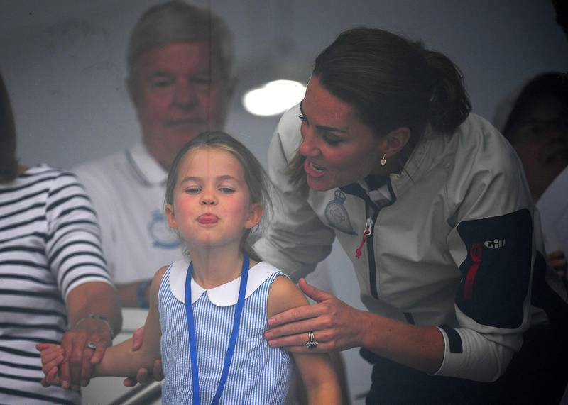 COWES, ENGLAND - AUGUST 09: Princess Charlotte of Cambridge and Catherine, Duchess of Cambridge having fun together after the inaugural King‚Äôs Cup regatta hosted by the Duke and Duchess of Cambridge ahead of Cowes SailGP on August 09, 2019 in Cowes, England. (Photo by Clive Mason/Getty Images)