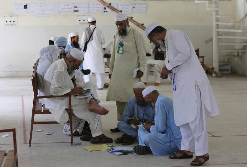 Pakistan pilgrims complete their travel documents at Hajj Complex in preparation to travel to Saudi Arabia to perform Hajj, Friday, Aug. 10, 2018 in Islamabad, Pakistan. A total of 185,000 Pakistanis will be performing the pilgrimage this year. In order to facilitate the pilgrims, the government of Pakistan makes requisite arrangements, including the set-up of special vaccination camps for Pilgrims in light of the travel requirements set down by the government of Saudi Arabia. (AP Photo/B.K. Bangash)