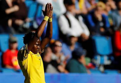 Soccer Football - Women's World Cup - Group B - Spain v South Africa - Stade Oceane, Le Havre, France - June 8, 2019  South Africa's Thembi Kgatlana celebrates scoring their first goal    REUTERS/Phil Noble