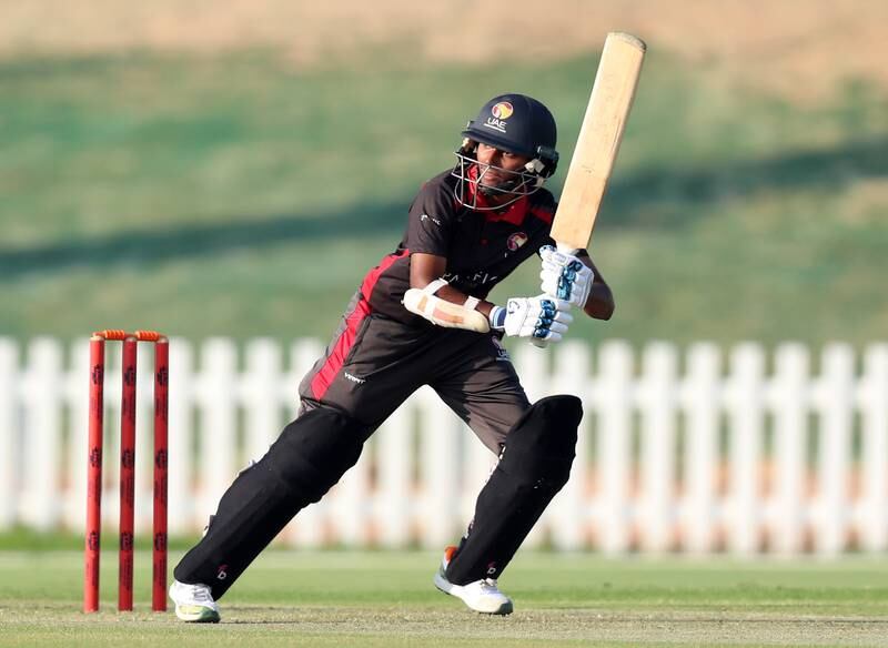 UAE's Theertha Satish during a women's T20 World Cup qualifier against Scotland in Abu Dhabi. Chris Whiteoak / The National