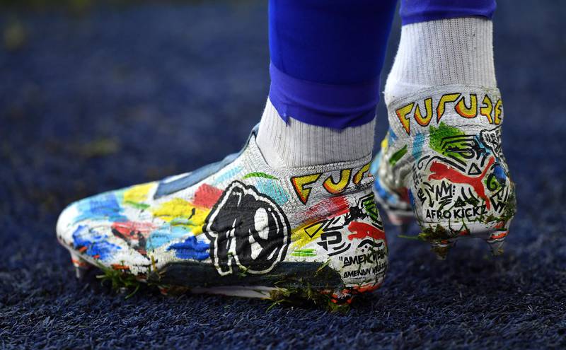 Colourful boots of Leicester player James Maddison. EPA