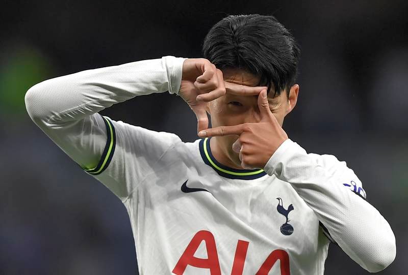 Son Heung-min celebrates after scoring Tottenham's fourth. EPA