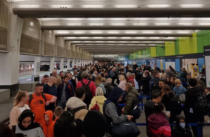 Queues at Manchester Airport on Thursday morning. Bosses at Heathrow and Manchester airports are braced for a nightmare weekend as staff shortages look likely to hamper what is expected to be the travel industry’s busiest day of the year to date. Photo: Richard James