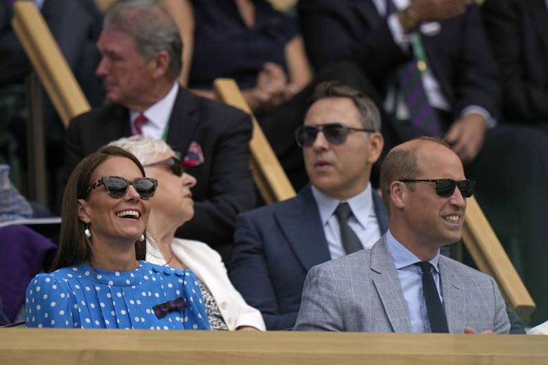 Britain's Prince William and Kate, Duchess of Cambridge sit in the Royal box on Centre Court for the quarterfinal match between Novak Djokovic and Jannik Sinner. AP
