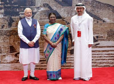 From left, Indian Prime Minister Narendra Modi, Indian President Droupadi Murmu and UAE Minister of Foreign Affairs Sheikh Abdullah bin Zayed at the G20 summit in New Delhi. AFP