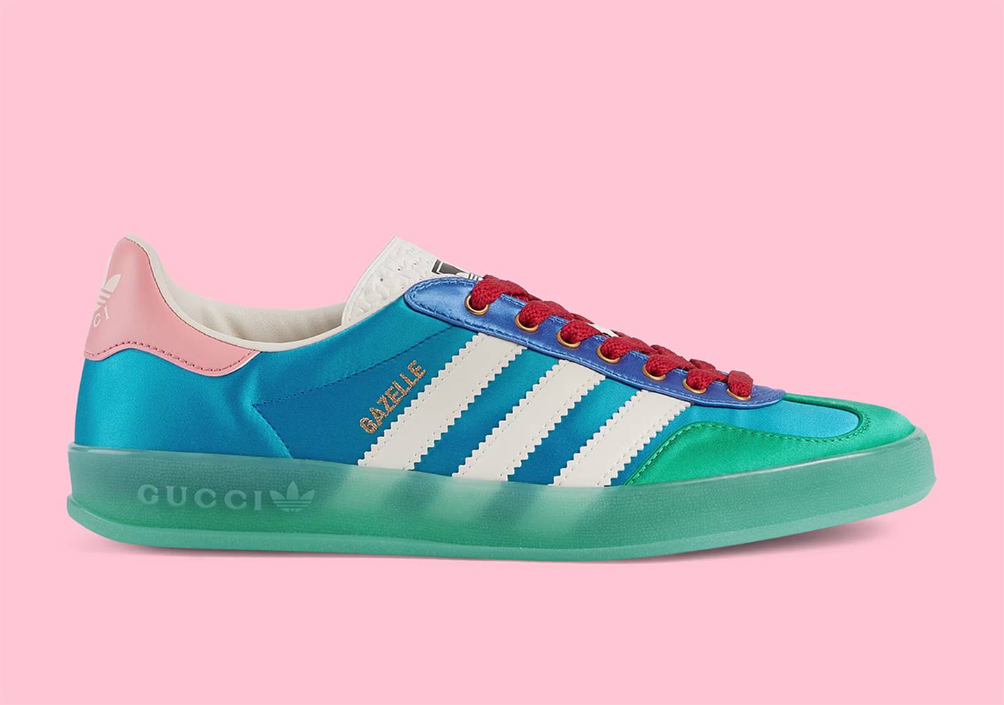 The adidas x Gucci collection has the famous Gazelle trainer in blue satin. Photo Gucci
