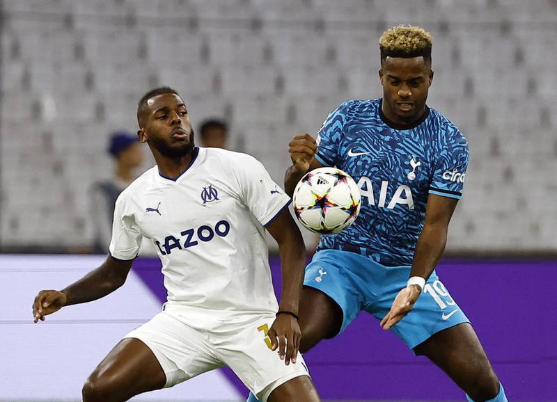 Tottenham's Ryan Sessegnon battles with Nuno Tavares of Marseille. Reuters