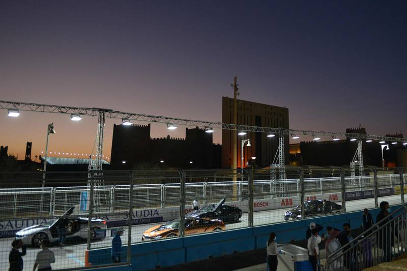 Cars are parked on the track on the second day of Diriyah E-Prix, in the Saudi capital Riyadh on February 26, 2021. AFP