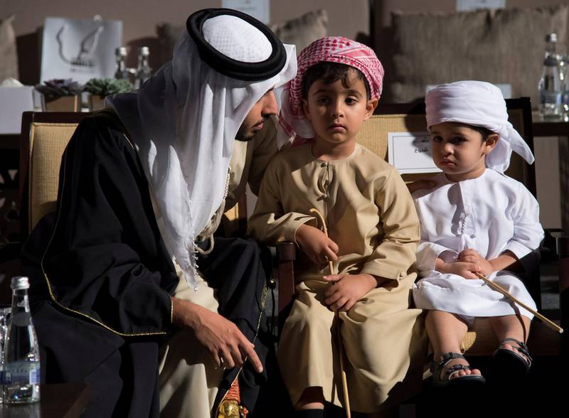 ABU DHABI, UNITED ARAB EMIRATES - December 02, 2017: HH Sheikh Zayed bin Hamad bin Hamdan Al Nahyan (L), attends the 46th UAE National Day celebrations at Mushrif Palace. 
( Mohamed Al Suwaidi for Crown Prince Court - Abu Dhabi )
---