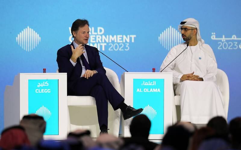 Omar Al Olama, Minister of State for Digital Economy, AI and Remote Work System, and Nick Clegg, president of Global Affairs at Meta, at the summit. Pawan Singh / The National