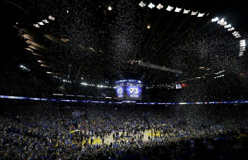 Confetti falls after the Golden State Warriors beat the Memphis Grizzlies 125-104 for their NBA record 73rd win on Wednesday night in Oakland, California. Jeff Chiu / AP / April 13, 2016 