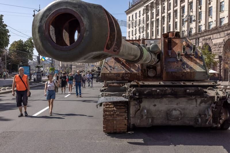 Russian tanks that were captured by the Ukrainian army are displayed on Khreshchatyk on Independence Day in central Kyiv. EPA