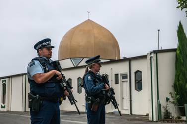 Armed police guard Al Noor mosque in Christchurch, New Zealand, in the aftermath of the March 23 terror attack. Getty Images