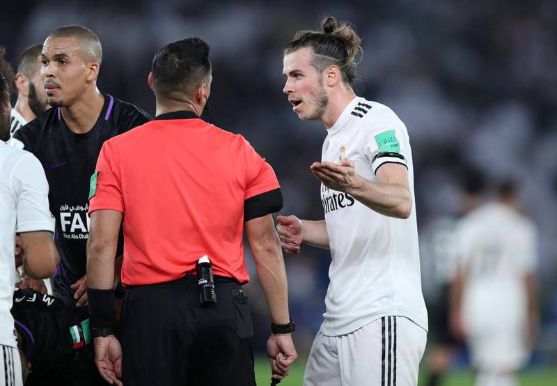 Abu Dhabi, United Arab Emirates - December 22, 2018: Gareth Bale of Real Madrid complains to the ref during the match between Real Madrid and Al Ain at the Fifa Club World Cup final. Saturday the 22nd of December 2018 at the Zayed Sports City Stadium, Abu Dhabi. Chris Whiteoak / The National