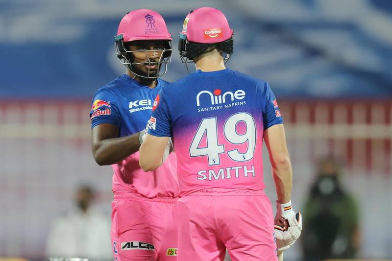 Sanju Samson of Rajasthan Royals and Steve Smith captain of Rajasthan Royals  during match 9 season 13 of the Dream 11 Indian Premier League (IPL) between Rajasthan Royals and Kings XI Punjab held at the Sharjah Cricket Stadium, Sharjah in the United Arab Emirates on the 27th September 2020.
Photo by: Deepak Malik  / Sportzpics for BCCI