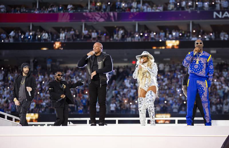 From left, Eminem, Kendrick Lamar, Dr Dre, Mary J Blige and Snoop Dogg performed at this year's half-time Super Bowl show. Getty Images