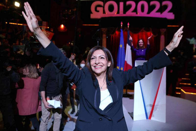 French Socialist Party presidential candidate Anne Hidalgo waves to supporters in Paris. AFP