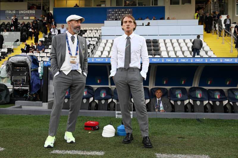  Gianluca Vialli and Italy manager Roberto Mancini ahead of the Nations League match against Hungary. Vialli and Mancini formed a prolific partnership during their time together at Sampdoria. Getty