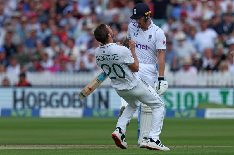 South Africa's Anrich Nortje celebrates after taking the wicket of England captain Ben Stokes. AFP