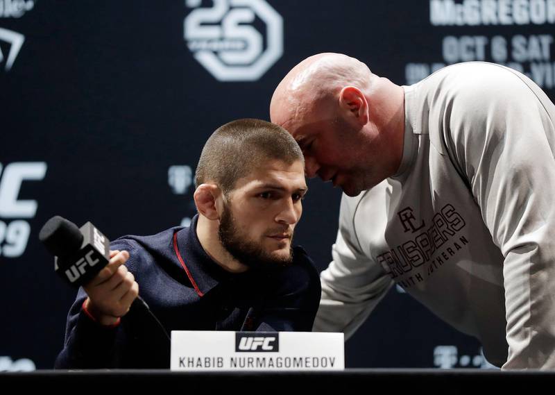 LAS VEGAS, NV - OCTOBER 04:  UFC President Dana White (R) speaks with UFC lightweight champion Khabib Nurmagomedov during a press conference for UFC 229 at Park Theater at Park MGM on October 04, 2018 in Las Vegas, Nevada. Nurmagomedov will defend his title against Conor McGregor at UFC 229 on October 6 at T-Mobile Arena in Las Vegas, Nevada.  (Photo by Isaac Brekken/Getty Images)
