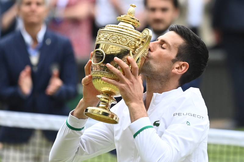 Novak Djokovic celebrates after beating Matteo Berrettini in the Wimbledon final at the All England Club on Sunday, July 11, 2021. Reuters