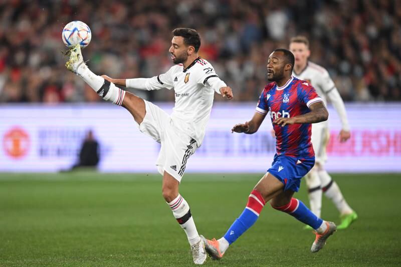 United midfielder Bruno Fernandes controls the ball. EPA