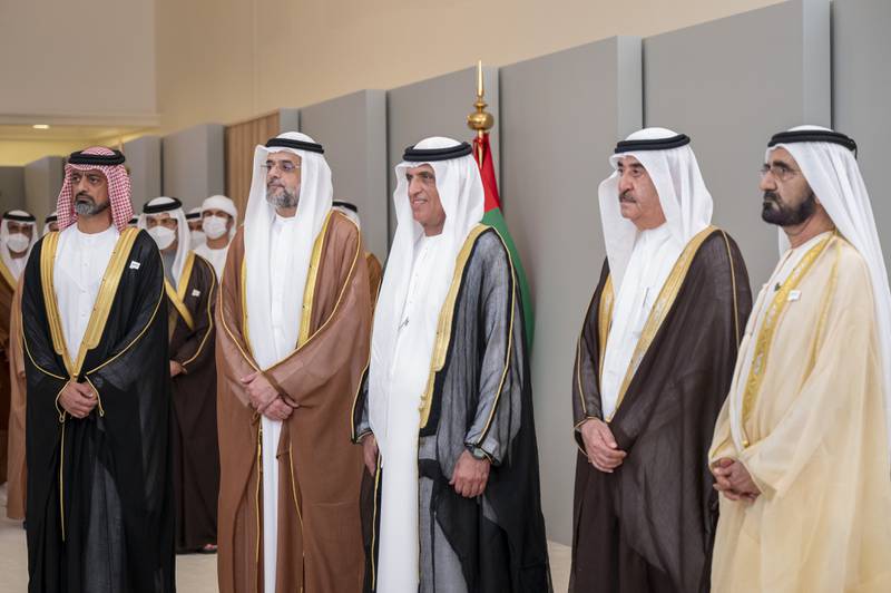 From left, Sheikh Ammar bin Humaid Al Nuaimi, Sheikh Sultan bin Mohammed Al Qasimi, Sheikh Saud bin Saqr Al Qasimi, Sheikh Saud bin Rashid Al Mualla and Sheikh Mohammed bin Rashid. Mohamed Al Hammadi / Ministry of Presidential Affairs