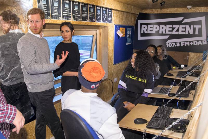 LONDON, ENGLAND - JANUARY 09: Prince Harry and Meghan Markle visit Reprezent 107.3FM in Pop Brixton on January 9, 2018 in London, England. The Reprezent training programme was established in Peckham in 2008, in response to the alarming rise in knife crime, to help young people develop and socialise through radio. (Photo by Dominic Lipinski - WPA Pool/Getty Images)