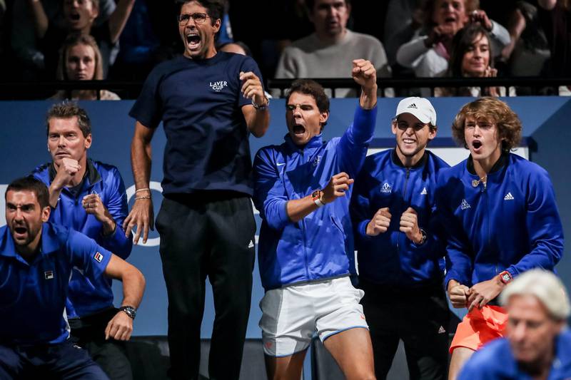 epa06224946 Spanish player Rafael Nadal (C) of the Team Europe reacts with his team mates during the match against Australia's Nick Kyrgios of the Team World during the Laver Cup tennis tournament in Prague, Czech Republic, 24 September 2017.  EPA/MARTIN DIVISEK