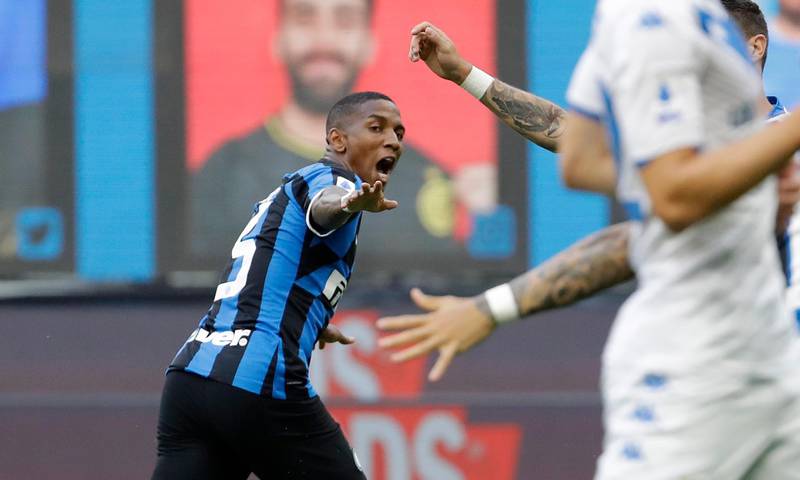 Inter Milan's Ashley Young celebrates after scoring his side's opening goal. AP Photo