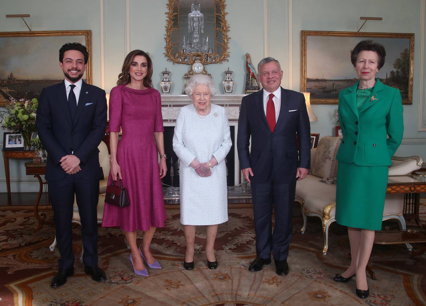 Queen Elizabeth II with, from left, Crown Prince Hussein of Jordan, Queen Rania of Jordan, King Abdullah II of Jordan and Princess Anne, Princess Royal, during a private audience at Buckingham Palace in February 2019. Getty Images