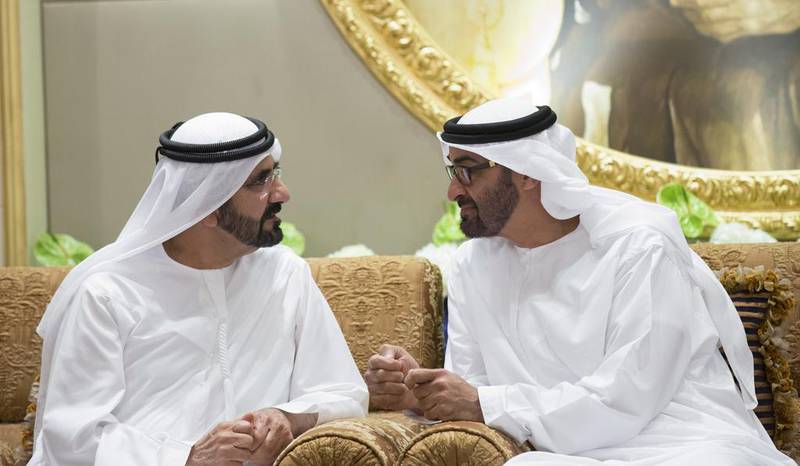 Sheikh Mohammed bin Zayed, Crown Prince of Abu Dhabi and Deputy Supreme Commander of the Armed Forces, right,  speaks with Sheikh Mohammed bin Rashid, Vice President and Ruler of Dubai. Ryan Carter / Crown Prince Court - Abu Dhabi