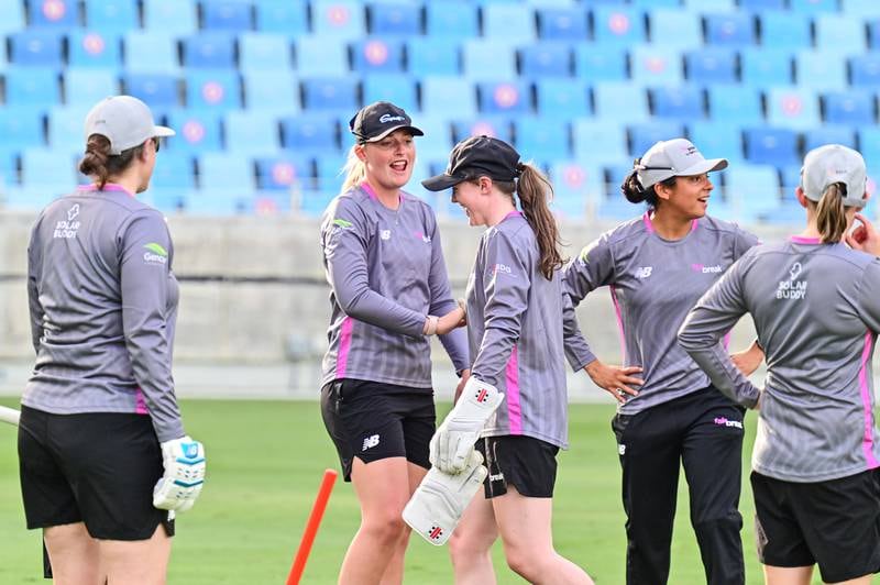 England's Sophie Ecclestone, second left, who is the world's No 1 ranked bowler, will play for Spirit in the FairBreak Invitational to be played in the UAE.