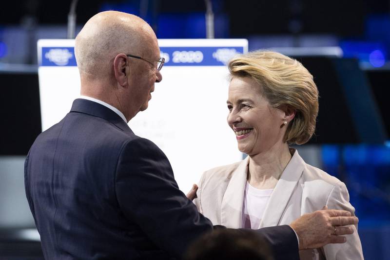 Klaus Schwab, Founder and Executive Chairman of the World Economic Forum, left, and Ursula von der Leyen, president of the European Commission, pictured during the welcoming address to the 50th annual meeting of the World Economic Forum, WEF, in Davos.  EPA